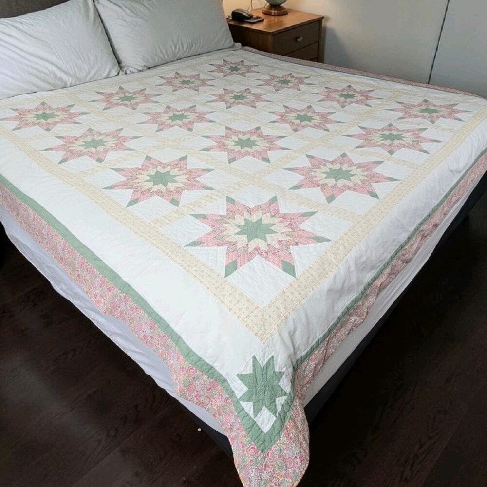 Vintage Lone Star Quilt Patchwork Coverlet 82x82" Cutter READ